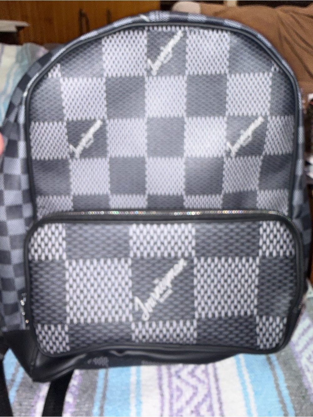 Men's/Women’s Grey and black Checkered Backpack with Front Zip Pocket